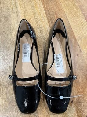 Alex Marie Black Patent Mary Jane Flats with Strap and Button Accent